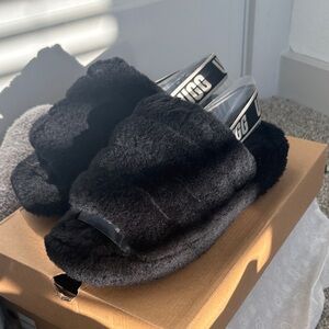 UGG Black Fluffy Slides with Logo Strap